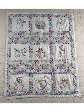 Vintage Handmade Baby Quilt Embroidered Kittens Cats Nursery 27x34 Patchwork